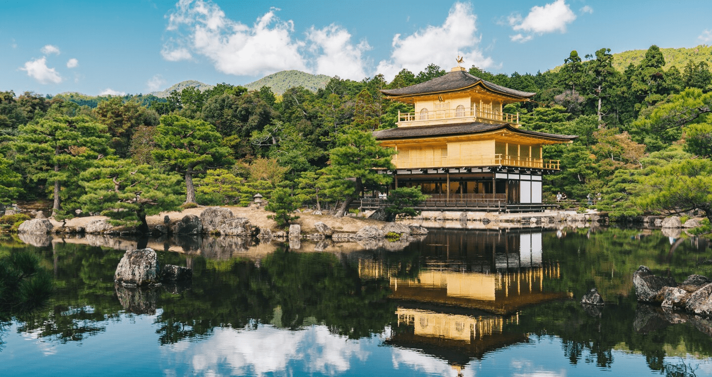 Ancient wooden temple in Kyoto, Japan surrounded by lush green trees.